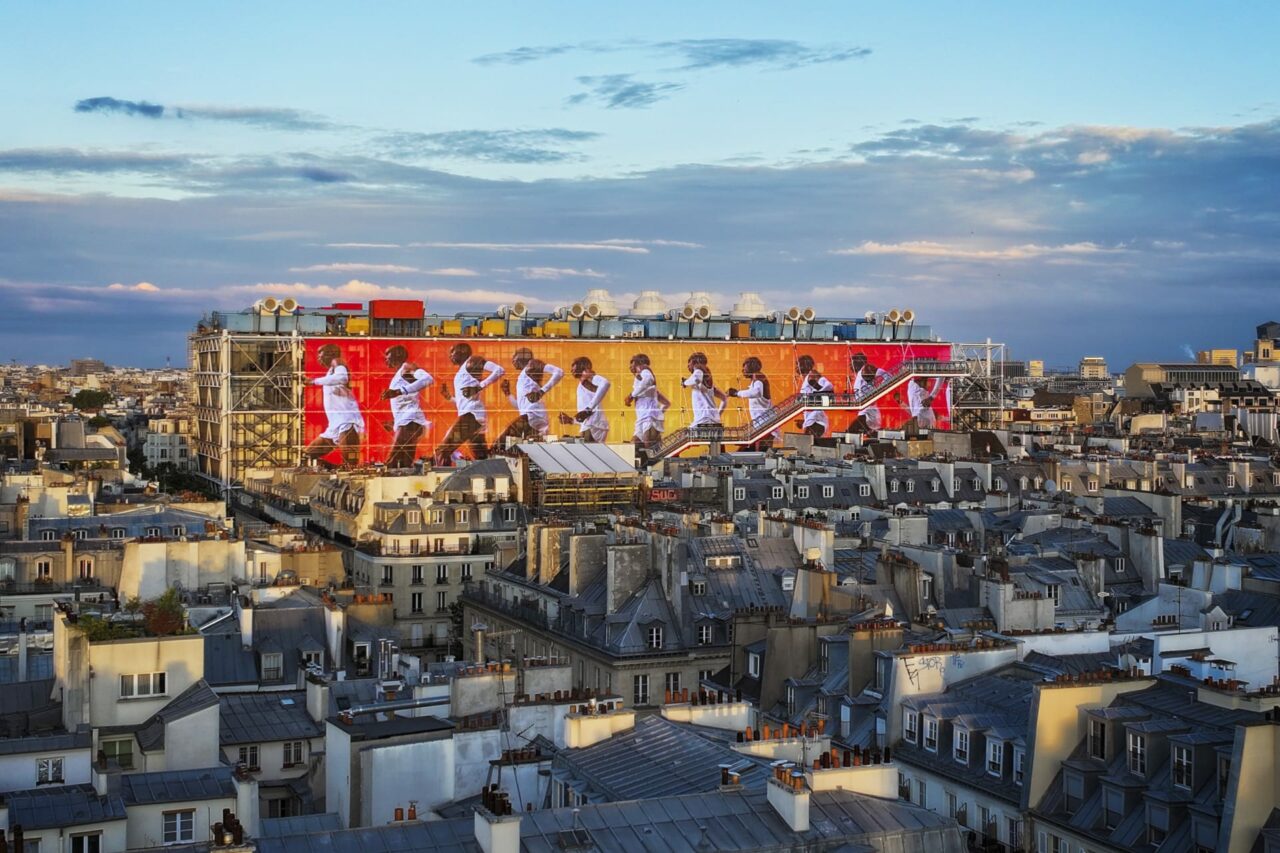 Aerial shot of the exterior of Nike's 'Art of Victory' exhibit at the Centre Pompidou.