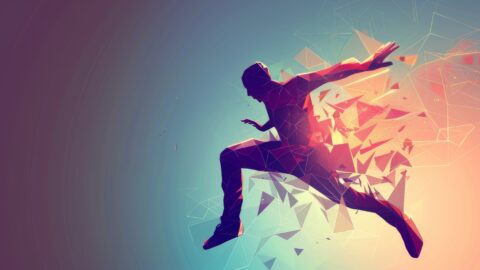 Person leaping through the air with abstract shapes surrounding them.