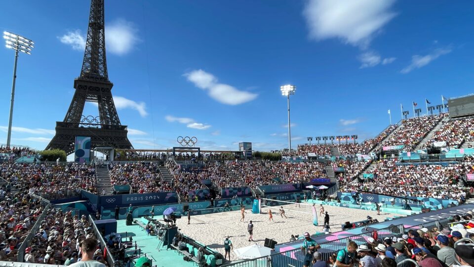 The Paris 2024 beach volleyball stadium at the base of the Eiffel Tower.