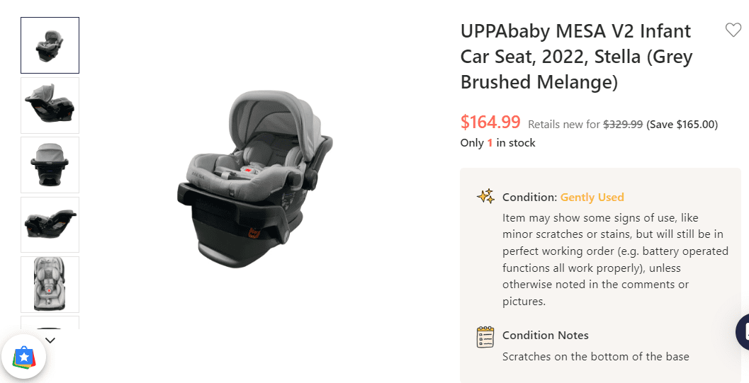 Car seat listing on GoodBuy Gear with AI-edited images.