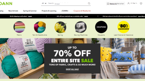 Joann homepage after the retailer swiftly emerged from bankruptcy.